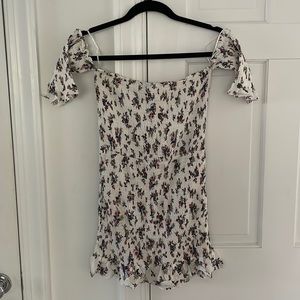 White Floral Ruched Strapless Dress